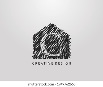 Logo des C-Briefes. Abstrakter handgezeichneter Strich mit negativem Leerraum des Buchstabens C. Modernes, minimalistisches und Retro-Konzept-Design. 