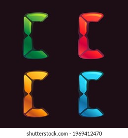 C letter logo in alarm clock style. Digital font in four color schemes for futuristic company identity, nightlife magazine, expressive posters.