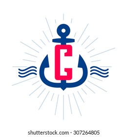 C letter logo. Anchor and rope vector vintage label, logo, icon design template element. This badge can be used as trademark or a print on fabric.