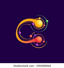 C letter logo with atoms orbits. Vector vivid icon perfect to use in any science labels, technology posters, astronomy identity, etc.