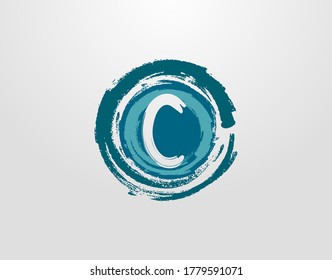 C Letter Logo With Circle Blue Splatter Element. Blue Wave Retro logo design template.