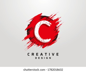 C Letra Logo In Circle Grunge Splatter Element. Diseño del icono de explosión de tinta roja de roca.