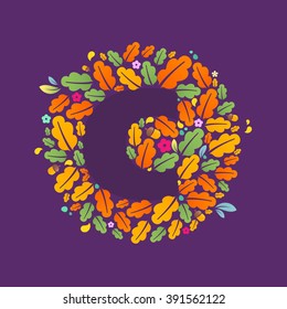 C letter logo in a circle of oak leaves and acorns. Autumn font style, vector design template elements for your ecology application or corporate identity.