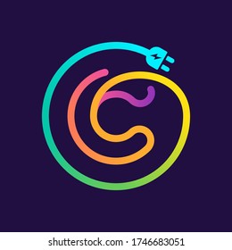 C letter logo in a circle with plug adapter cable. Impossible one line style. Perfect wire icon for technology labels, charge posters, electric company, etc.