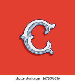 C letter logo in classic sport team style. Vintage slab serif font with lines shadow. Perfect for victorian identity, luxury package, retro book, western diploma, etc.