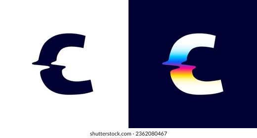 C letter logo with color glitch. Neon double exposure style. Multicolor gradient sign with hologram and illusion effect. Glowing color shift vector icon for nightlife labels, game screens, vibrant adv