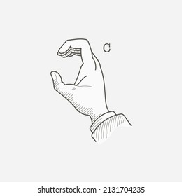 C Letter Logo In A Deaf-mute Hand Gesture Alphabet. Hand-drawn Engraving Style Vector American Sign Language Illustration.