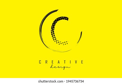 Diseño del logo de la letra C con cuadrados pequeños negros y marco de círculo sobre fondo amarillo brillante. Ilustración vectorial creativa con letra C.