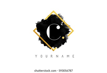 C Letter Logo Design with Black ink Stroke over Golden Square Frame.