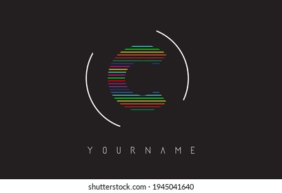 C Letter Logo Design mit hellen und feinen Regenbogenlinien und abgerundeten Rahmen. Kreative Vektorgrafik mit Buchstabe C.
