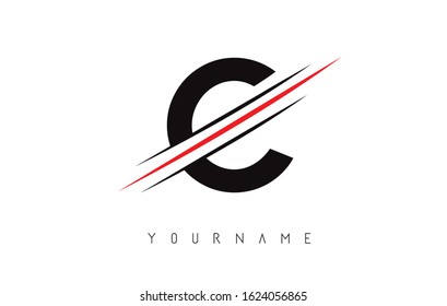 C Letter Logo Design cutted in the middle with a red line and with sharp edges.  Creative logo design. Fashion icon design template.