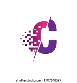C Letter Logo Design with Digital Pixels in concept strokes