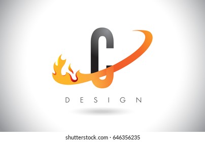 C Letter Logo Design with Fire Flames and Orange Swoosh Vector Illustration.