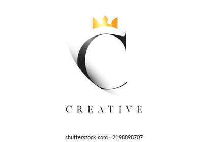 C Letter Logo Design with Golden Luxury Royal Crown Icon and Shadow Letter Vector. Serif Font c Logo Elegant Minimalist Design.