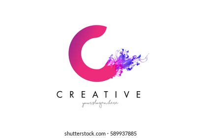 C Letter Logo Design with Ink Cloud Flowing Texture and Purple Colors.