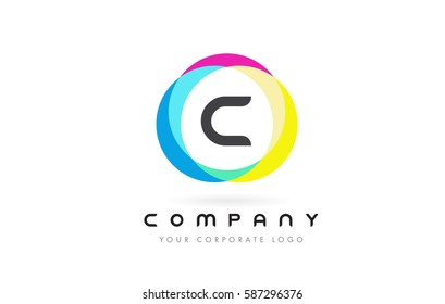C Letter Logo Design with Rainbow Rounded Magenta Yellow Blue and Green Colors.