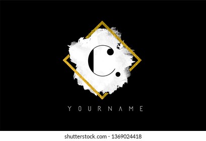 C Letter Logo Design with White ink Stroke over Golden Square Frame.