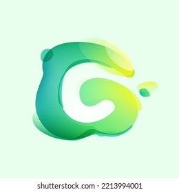 C letter logo in eco gradient splash blot with green leaf. Negative space environment friendly icon. Illusion effect emblem. Perfect for agriculture art, waste recycling design, healthy food packaging