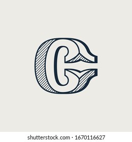 C letter logo in elegant style with diagonal hatching and shadow effect. Vector serif font for barber shop labels, currency posters and bank identity.