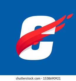 C letter logo with fast speed red bird wing. Typeface, vector design template elements for sport team, shipping, travel etc.
