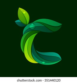 C letter logo formed by green leaves. Font style, vector design template elements for your application or corporate identity.