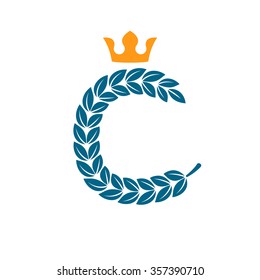 C letter logo formed by laurel wreath with crown. Vector design template elements for your application or corporate identity.