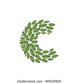C letter logo formed by vintage pattern, line green leaves. Vector ecology elements for banner, presentation, card, labels or posters.
