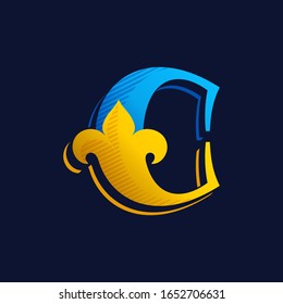 C letter logo with gold french lily and hatching shadow. Premium vector serif font for victorian identity, luxury package, retro book, western diploma, etc.