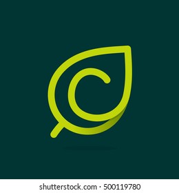 C letter logo in green leaf. Line style icon. Vector ecology elements for posters, t-shirts and cards.