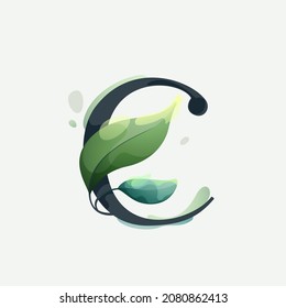 C letter logo with green leaves in clear vector watercolor style. Serif sans font for luxury emblem, botanical identity, ecology projects, wedding invitations.