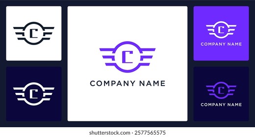 C letter logo and icon with circle and wings, vector template