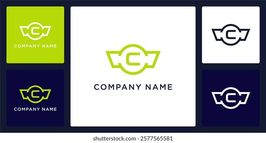 C letter logo and icon with protective wings, vector template
