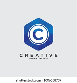 C Letter Logo Illustration Template. With circle on hexagonal shape. Polygonal style.