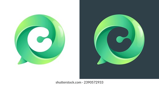 C letter logo inside speech bubble with swirl pattern. Negative space style icon. Colorful gradient emblem for your social media app, call center, online message, feedback icon, telemarketing screen.