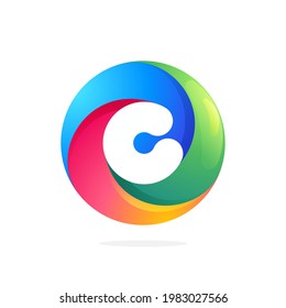 C letter logo inside swirling loop circle. Negative space style icon. Colorful gradient emblem for your social network app, fun avatar or loading screen.