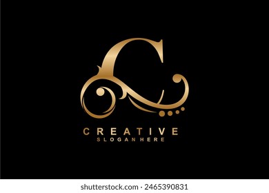 C letter logo with luxury gold floral ornament. C monogram logo, C typography. suitable for business logos, companies, beauty, fashion, boutiques, etc