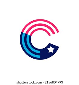 C letter logo made of American Stars and Stripes flag. Vector font for US history and 4th of July celebration in flat style. Perfect for Independence Day cards, invitations, banners.