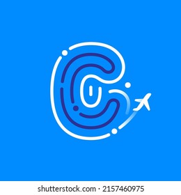 C letter logo made of fingerprint with plane and airplane trail. Blue and white line icon. Vector typeface for travel labels, tourism headlines, journey posters, aviation cards etc.