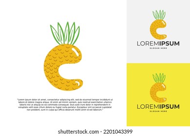 C letter logo made of pineapple. Fruit handmade calligraphy for agricultural identity, restaurant cards, kids t-shirt, summer prints, etc
