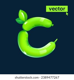 C letter logo made of twisted balloons. Eco-friendly realistic 3D render with green leaves. Vector elements in cartoon style. Perfect for nature banner, healthy food labels, garden art, and grass adv.