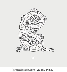 Logo des Briefes C. Mittelalterliche Tropfen Kapseln Monogramm. Initialen aus spiralförmigen keltischen Tieren, Schlange, Drachen. Gotische illuminierte Kalligrafie. Hauptstädte des Mittelalters sind heraldische Ornate. Germanische Schriftart für heidnische Tätowierungen.