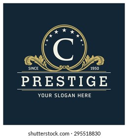 C Letter logo, Monogram design elements, line art logo design. Beautiful Prestige Logo Designs, Business sign, Restaurant, Royalty, Cafe, Hotel, Heraldic, Jewelry, Fashion, Wine. Vector illustration
