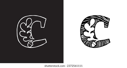 C letter logo with oak leaf and acorn. Tree cross-section. Natural wood texture, ring pattern. Trunk saw cut. Negative space emblem. Vector icon for eco identity, university coat of arms, vintage adv.
