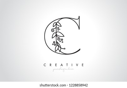 C Letter Logo With Organic Monogram Plant Leafs Detail and Circle Design. Creative Letter Icon Logo.