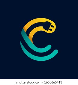 C letter logo with plug cable inside. Vector typeface for electric car identity, technology headlines, charging posters etc.