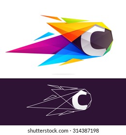 C letter logo with polygonal comet. 