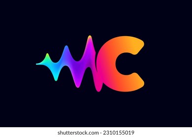 C letter logo with pulse music player element. Vibrant sound wave flow line and glitch effect. Neon gradient icon. Vector template for techno store, electronic music, audio equalizer, DJ posters.