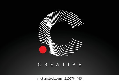 C Letter Logo with Red Dot Circle and Warp Lines Design Vector. Creative C Icon Letter made of white Warped Lines 