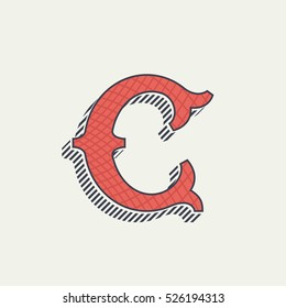 C letter logo. Retro western alphabet with line texture. Slab serif font. Vector vintage typography for your posters, sportswear, club t-shirt, banner, etc.