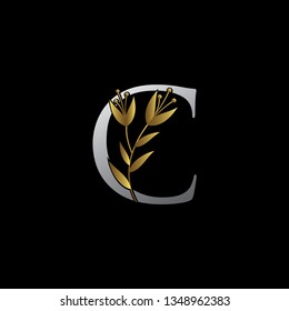 C Letter Logo With Silver and Gold Color. Simple Gold floral letter design  for book design, brand name, business card, Restaurant, Boutique.